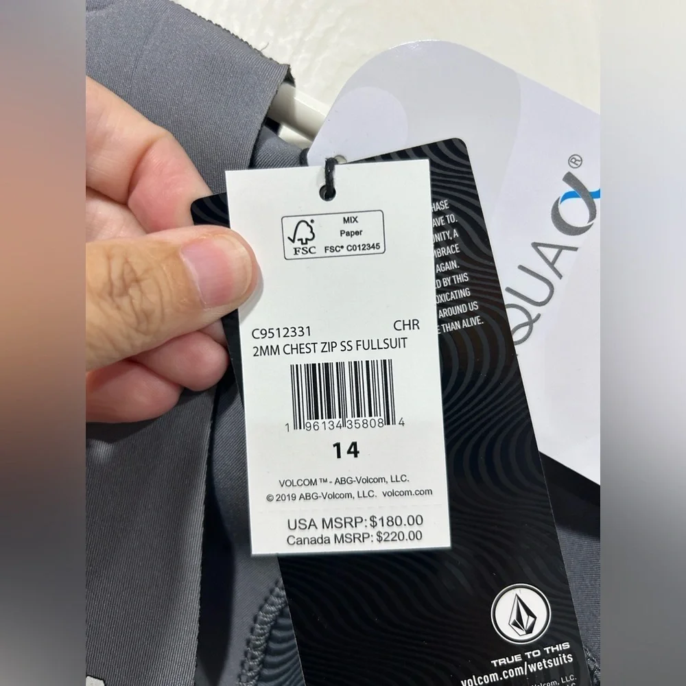 Volcom Boys Size 14 Modulator Wetsuit 2 mm Chest Zip Short Sleeve Grey NWT